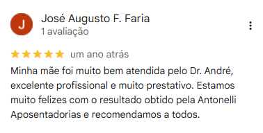 Avaliacao de 5 estrelas de Jose Augusto F. Faria no Google